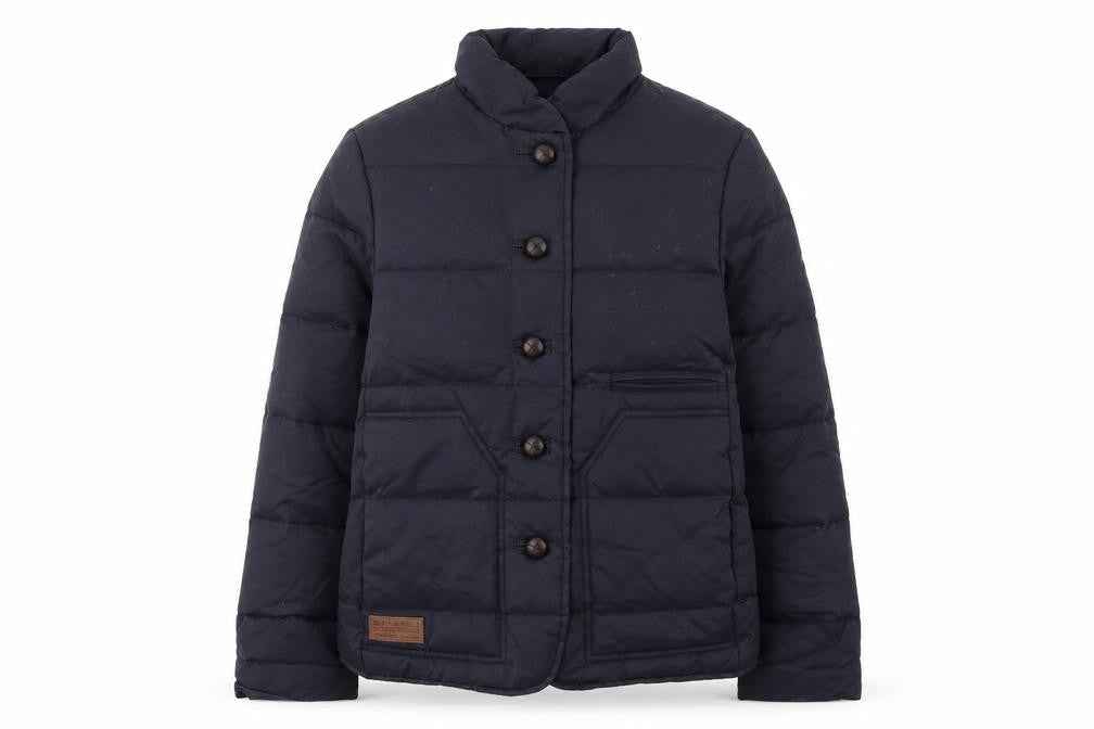 Front view of Aubin & Wills boys’ blue quilted down puffer jacket, size 6, years