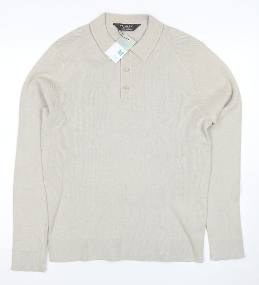 Primark Men’s Beige Long Sleeve Knit Polo Shirt Size M Regular Fit