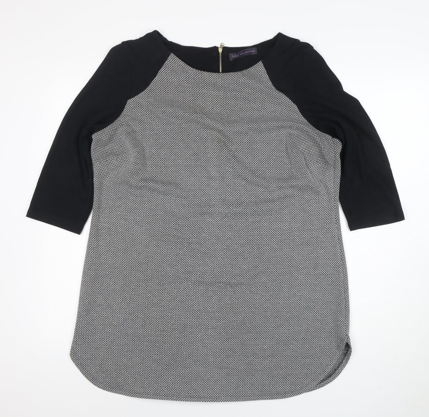 Marks and Spencer Womens Black Mix Tunic Blouse Size 16 Viscose 3/4 Sleeve Zip Back