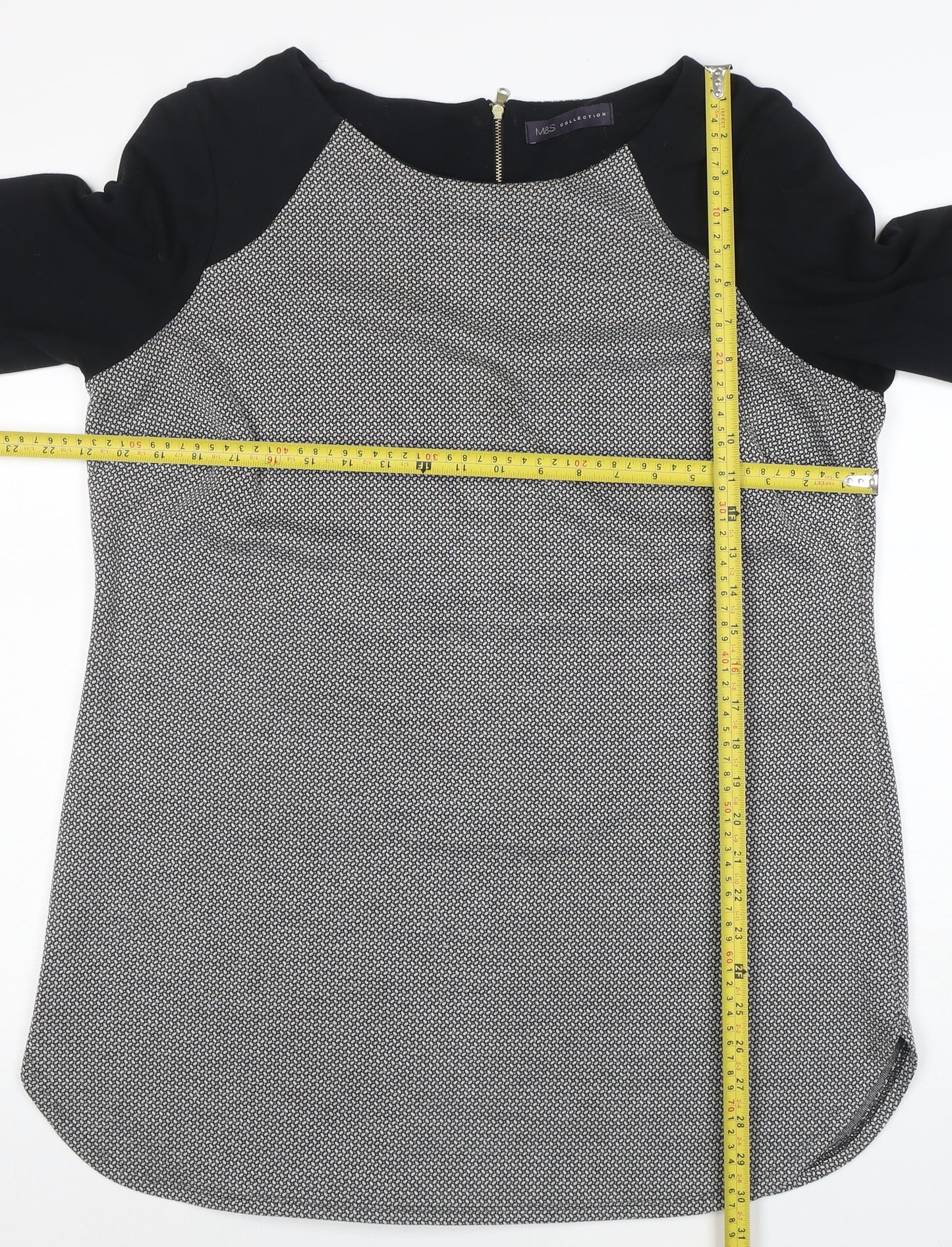 Marks and Spencer Womens Black Mix Tunic Blouse Size 16 Viscose 3/4 Sleeve Zip Back