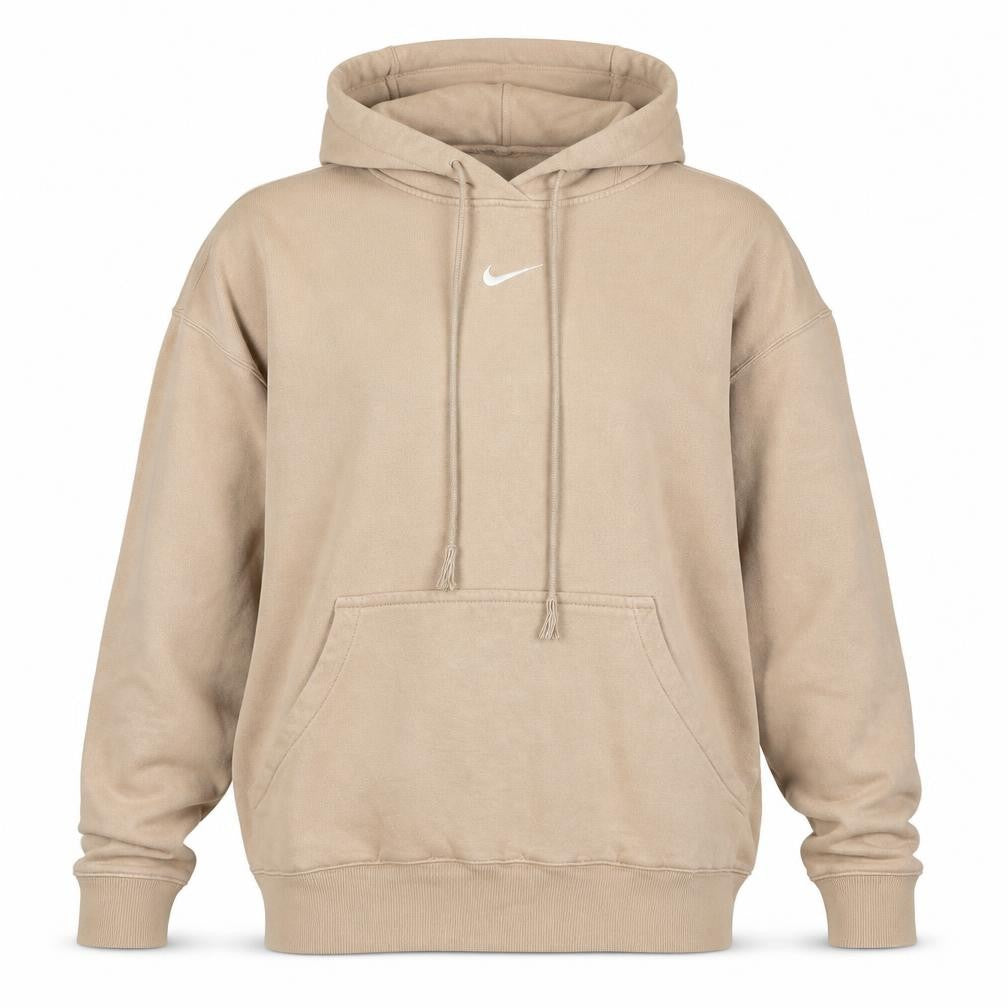 Front view of Nike Women Beige Pullover Hoodie M Fleece Lined Casual Sweatshirt