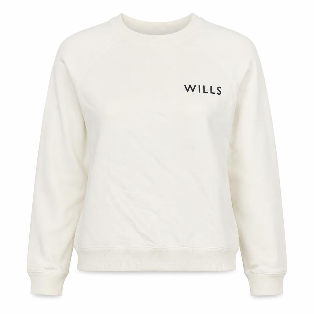 Front view of Jack Wills women’s white logo crew neck sweatshirt, size UK 10