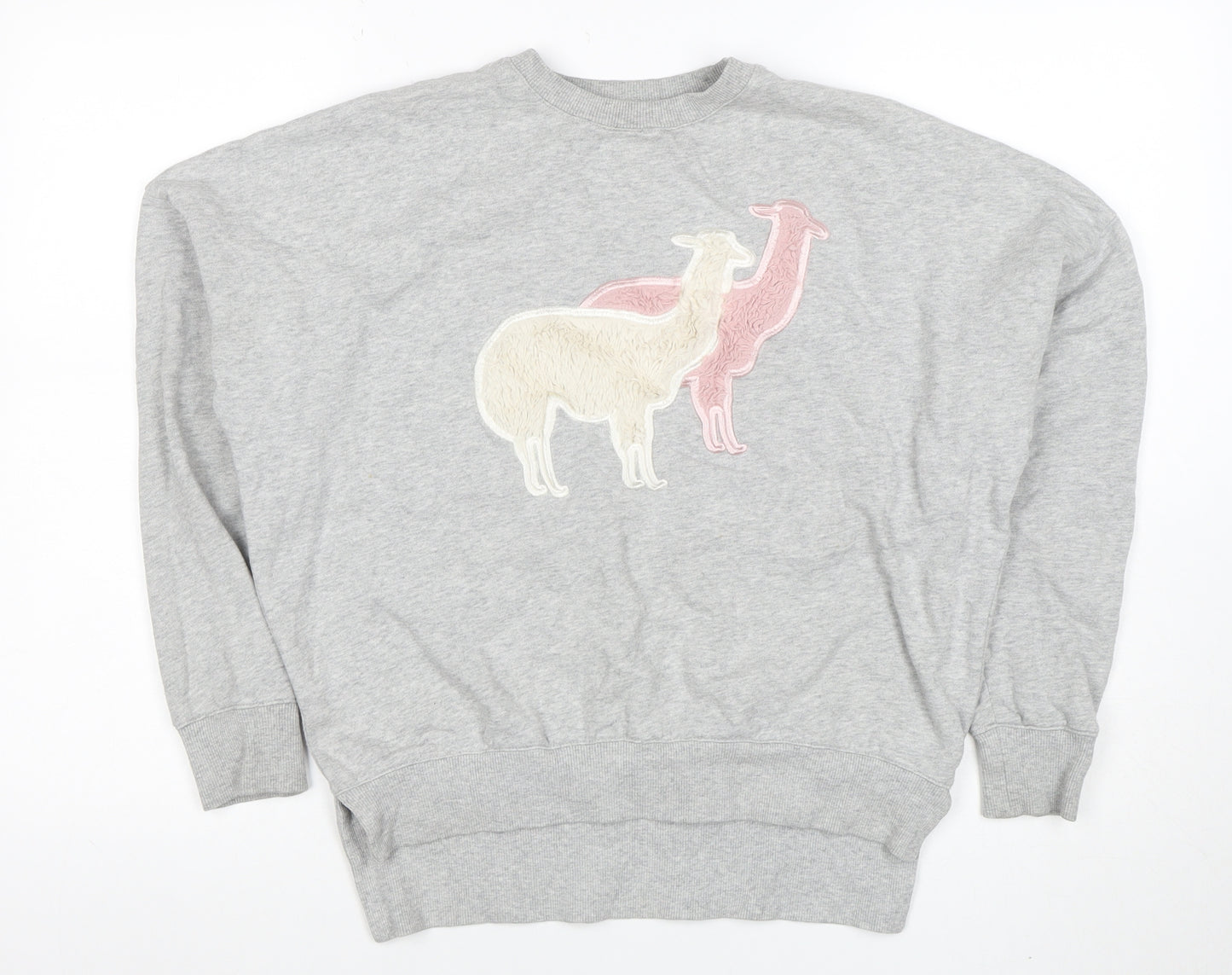 Sugar & Daisy Womens Grey Llama Embroidered Pullover Sweatshirt M