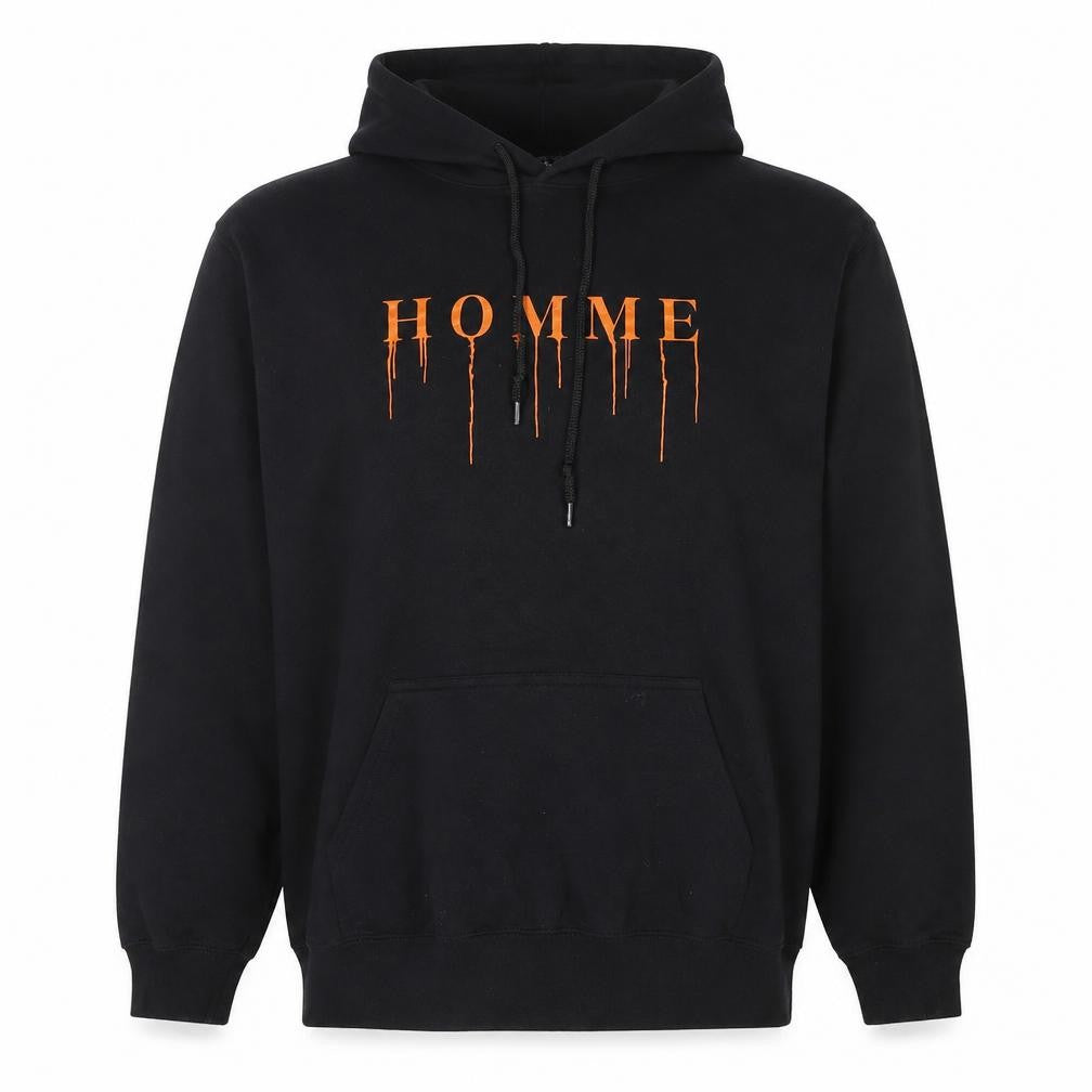 Front view of boohooMAN Men's Black 'HOMME' Graphic Pullover Hoodie, size M