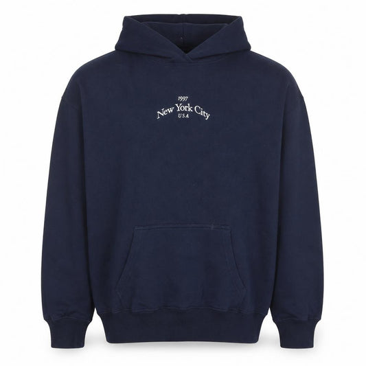 Front view of Hollister Men's Blue Pullover Hoodie M New York City Graphic Fleece