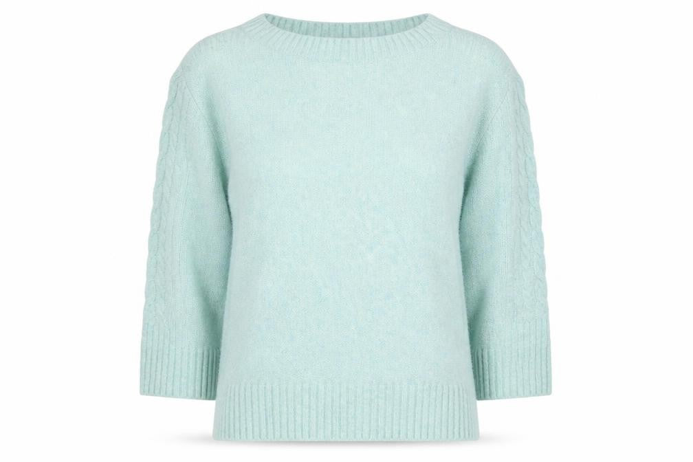 Front view of Monsoon Women’s Blue Cable Knit Crew Neck Jumper, size S