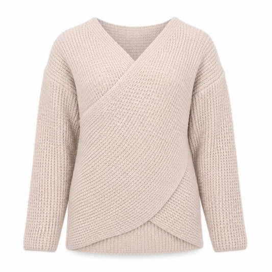 Front view of LUCA VANNUCCI Women Beige XL Wrap Chunky Knit V-Neck Jumper