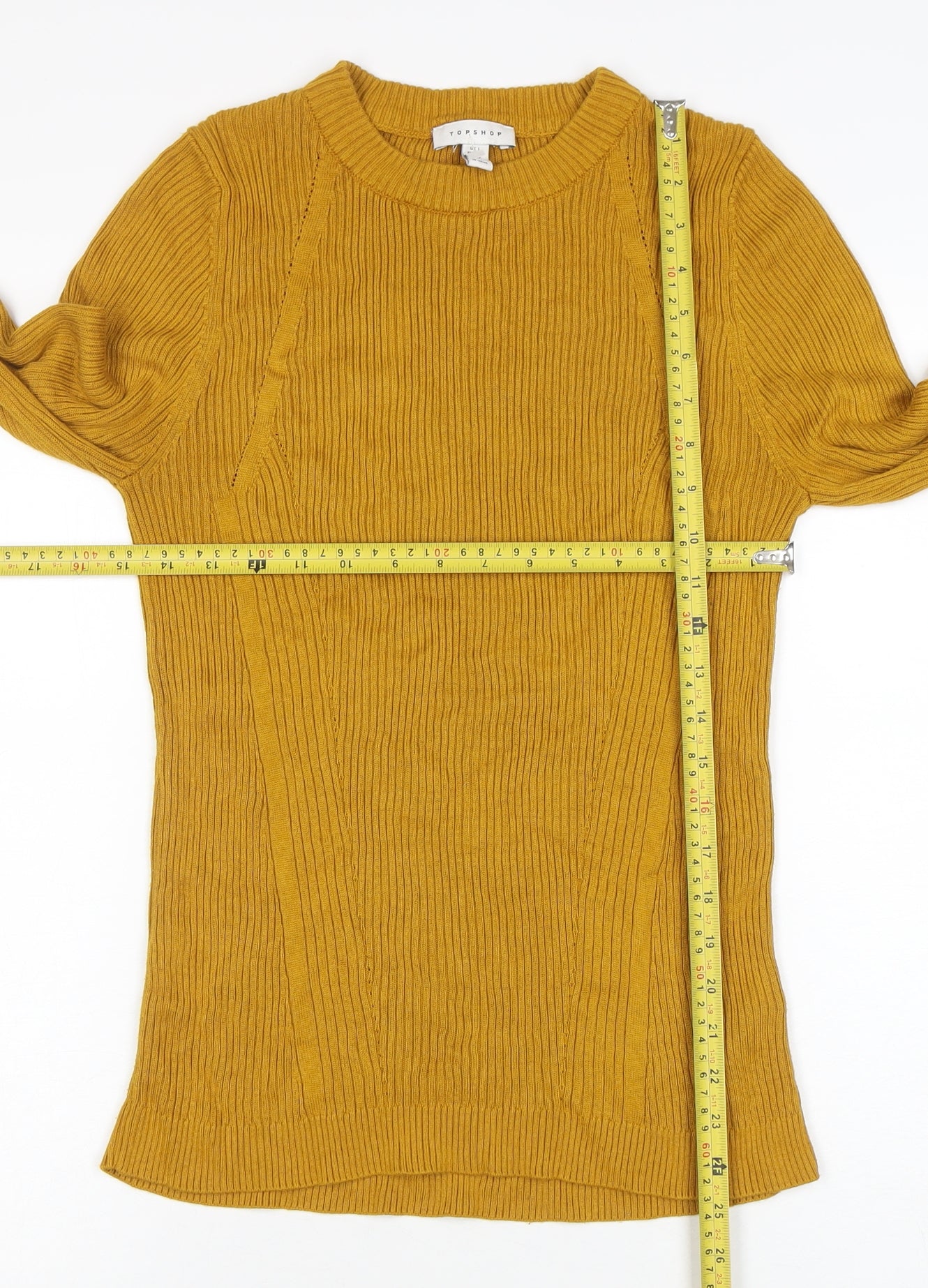 Topshop Women Yellow Ribbed Long Sleeve Slim Fit Pullover Jumper Size L