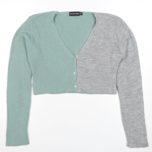 PrettyLittleThing Women Green Grey V-Neck Ribbed Knit Cardigan M