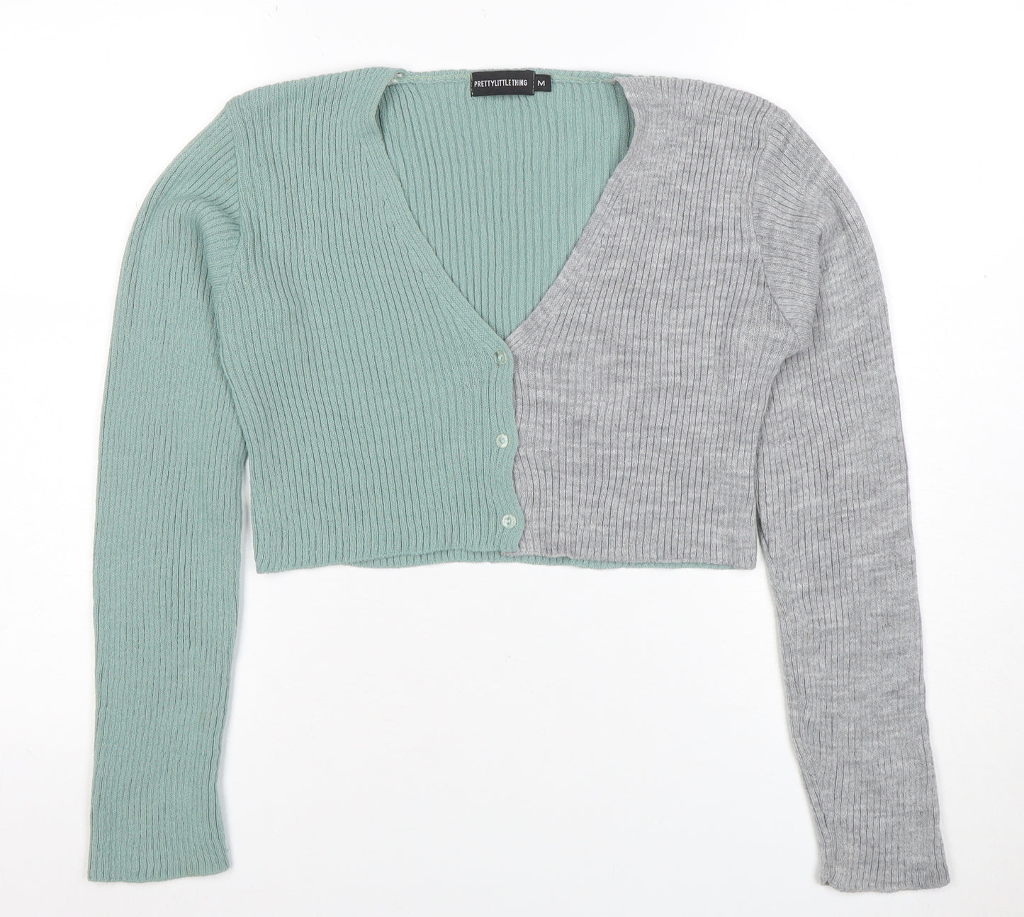 PrettyLittleThing Women Green Grey V-Neck Ribbed Knit Cardigan M