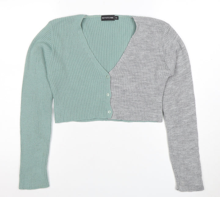 PrettyLittleThing Women Green Grey V-Neck Ribbed Knit Cardigan M