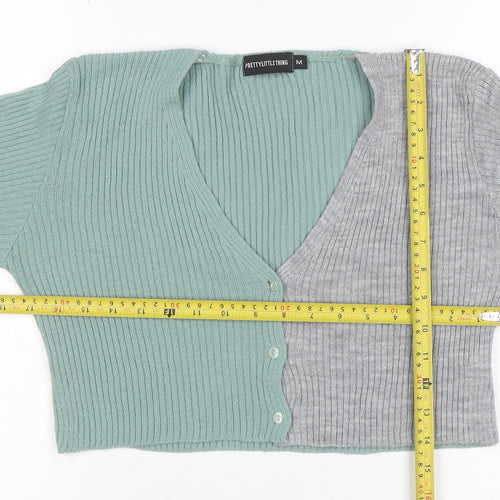 PrettyLittleThing Women Green Grey V-Neck Ribbed Knit Cardigan M