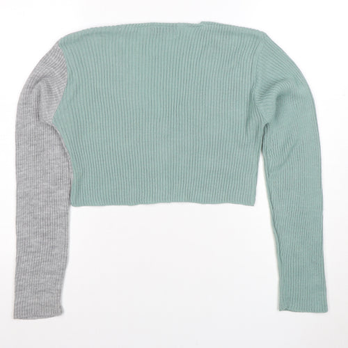 PrettyLittleThing Women Green Grey V-Neck Ribbed Knit Cardigan M