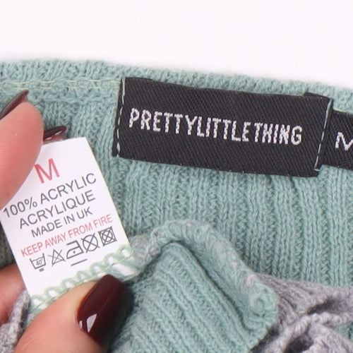 PrettyLittleThing Women Green Grey V-Neck Ribbed Knit Cardigan M
