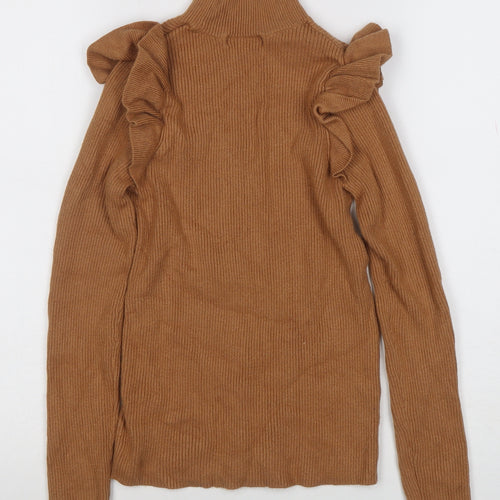 F&F Women’s Brown Ruffle High Neck Long Sleeve Pullover Jumper Size 10
