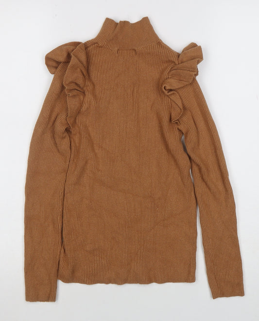 F&F Women’s Brown Ruffle High Neck Long Sleeve Pullover Jumper Size 10