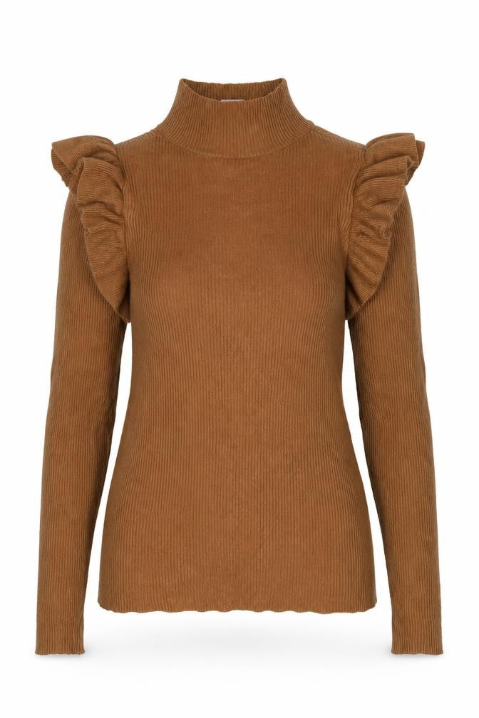 F&F Women’s Brown Ruffle High Neck Long Sleeve Pullover Jumper Size 10