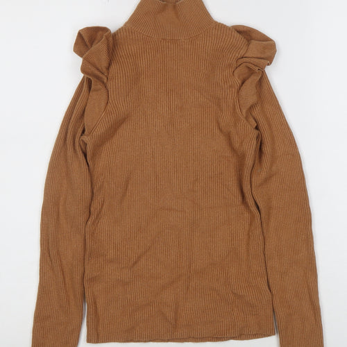 F&F Women’s Brown Ruffle High Neck Long Sleeve Pullover Jumper Size 10