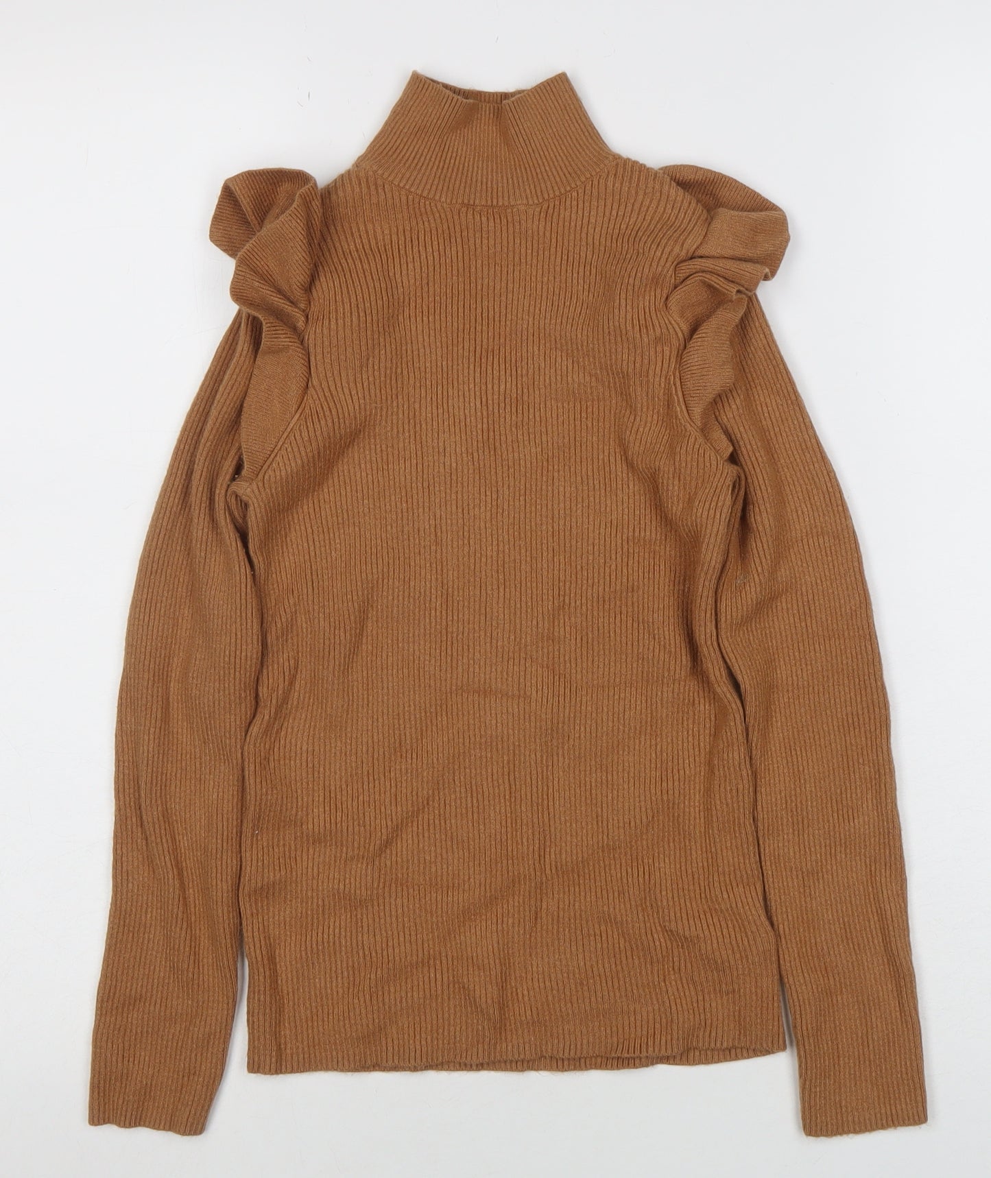 F&F Women’s Brown Ruffle High Neck Long Sleeve Pullover Jumper Size 10