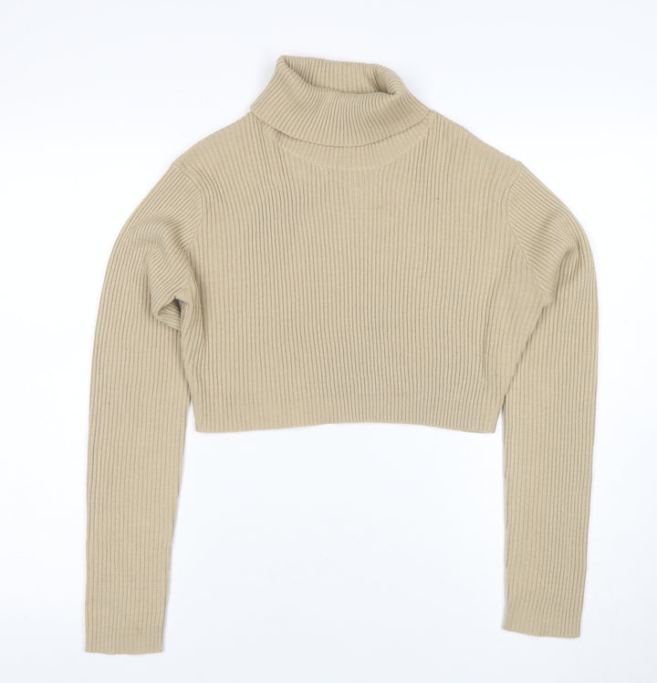 PrettyLittleThing Women’s Beige Roll Neck Ribbed Knit Jumper Size 14