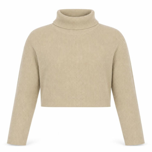 Front view of PRETTYLITTLETHING Women’s Beige Roll Neck Ribbed Knit Jumper, size UK 14