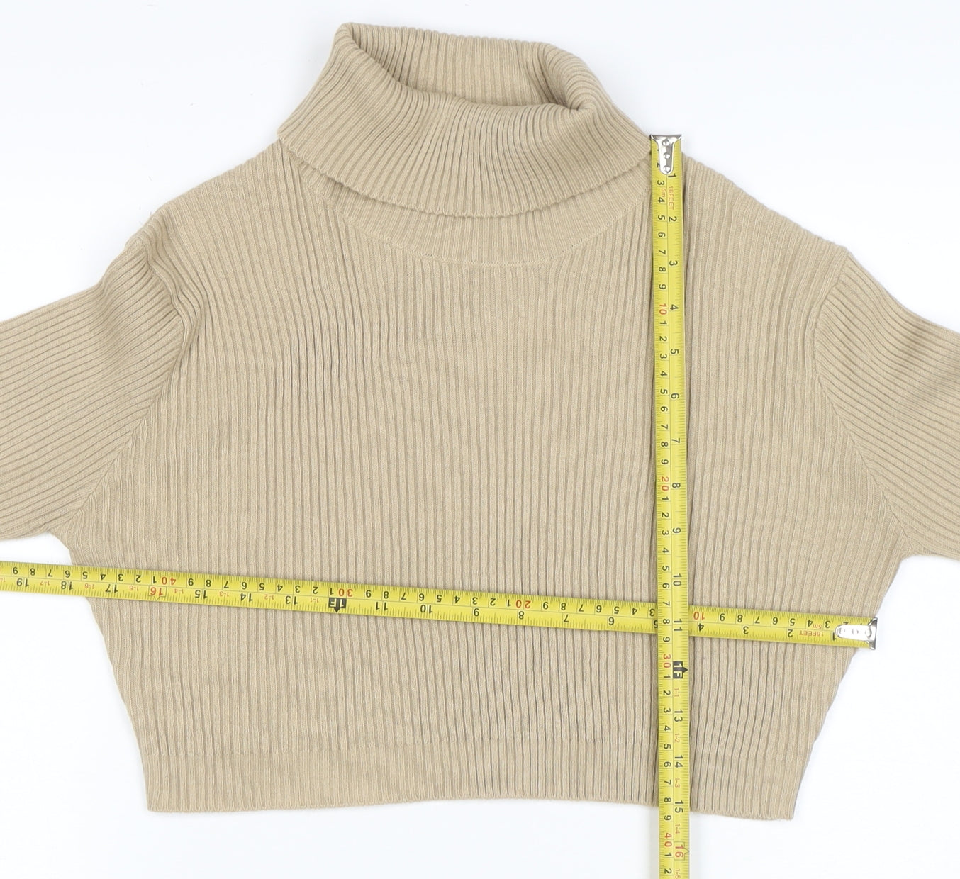 PrettyLittleThing Women’s Beige Roll Neck Ribbed Knit Jumper Size 14