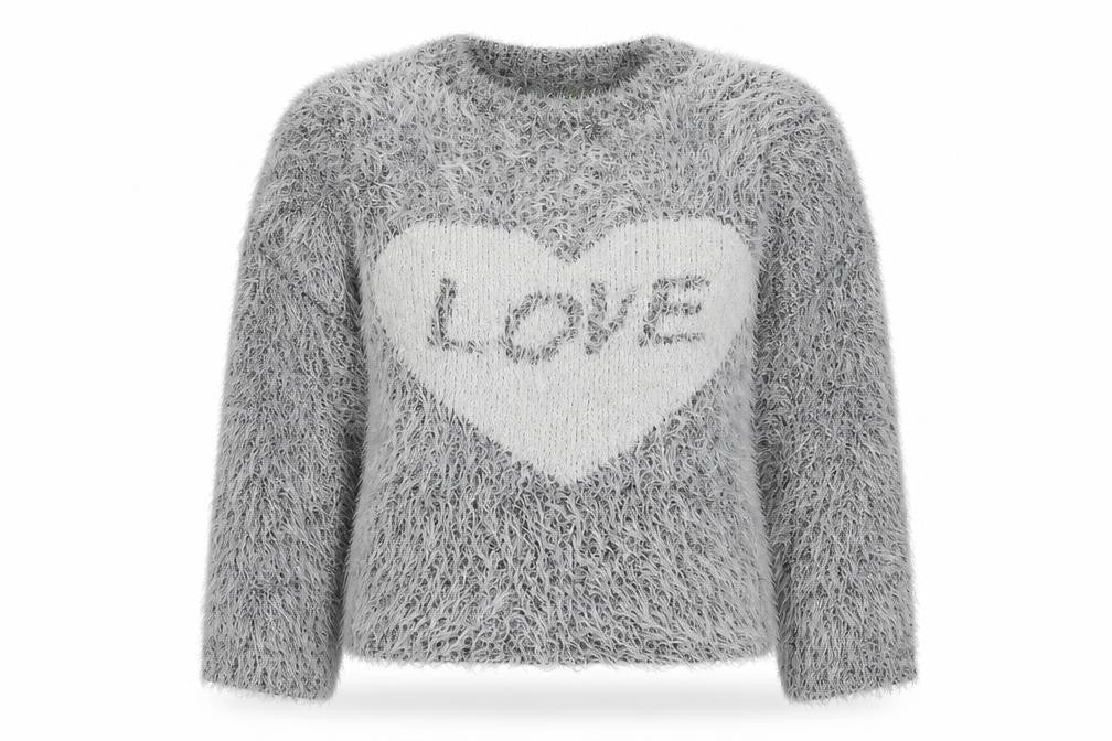 Front view of Koogoi Women Grey Fluffy Love Heart jumper One Size