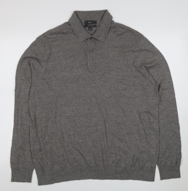 Marks and Spencer Mens Grey 2XL Cotton Rich Long Sleeve Polo
