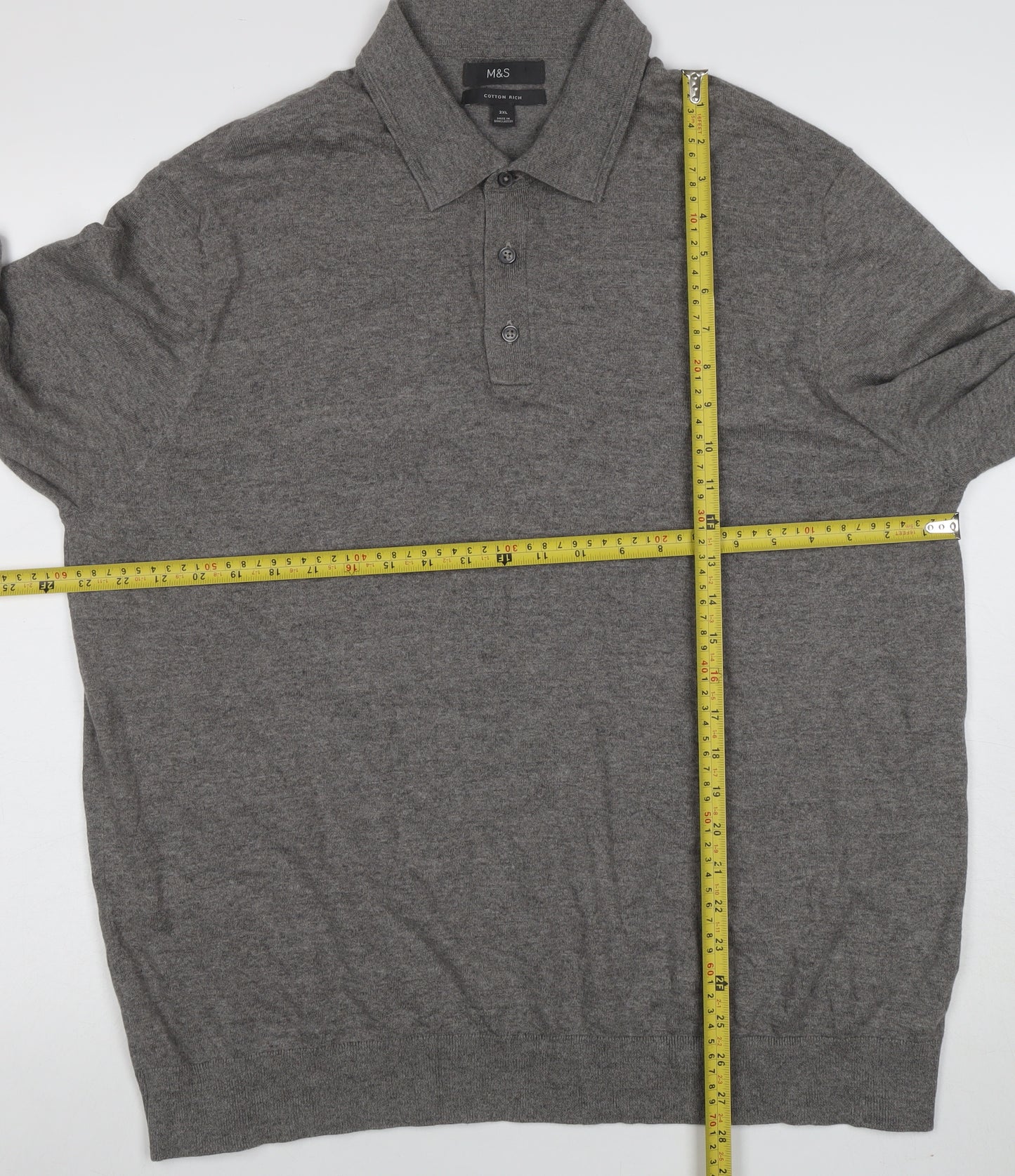 Marks and Spencer Mens Grey 2XL Cotton Rich Long Sleeve Polo