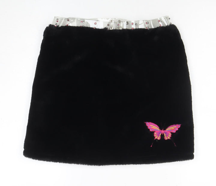 Clubexx Women’s Black Faux Fur Mini Skirt L with Zip Detail