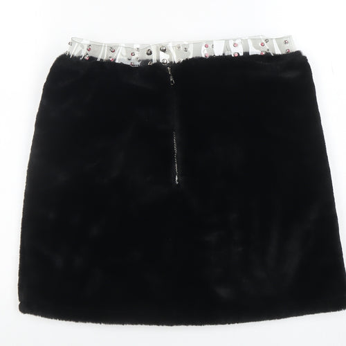 Clubexx Women’s Black Faux Fur Mini Skirt L with Zip Detail