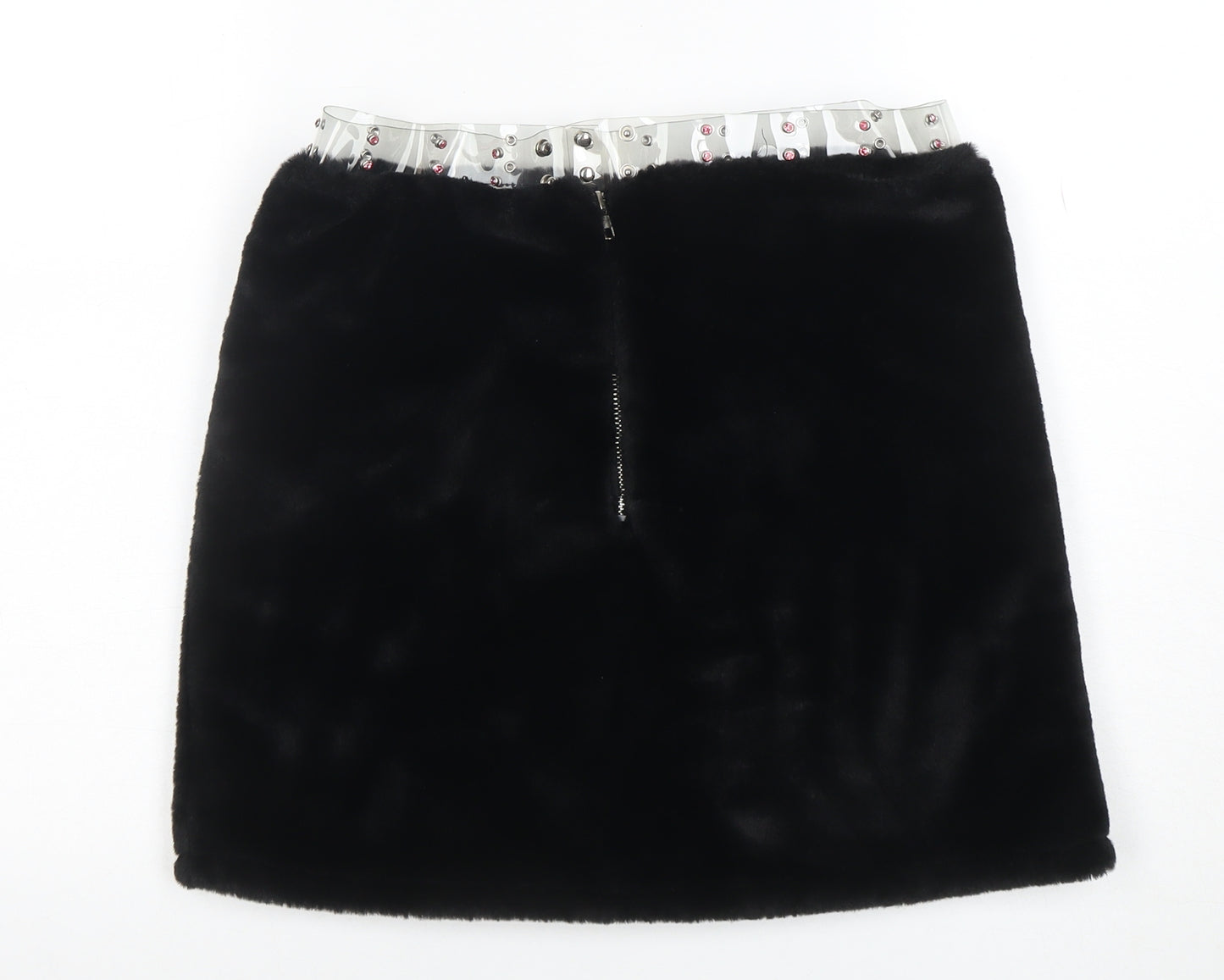 Clubexx Women’s Black Faux Fur Mini Skirt L with Zip Detail