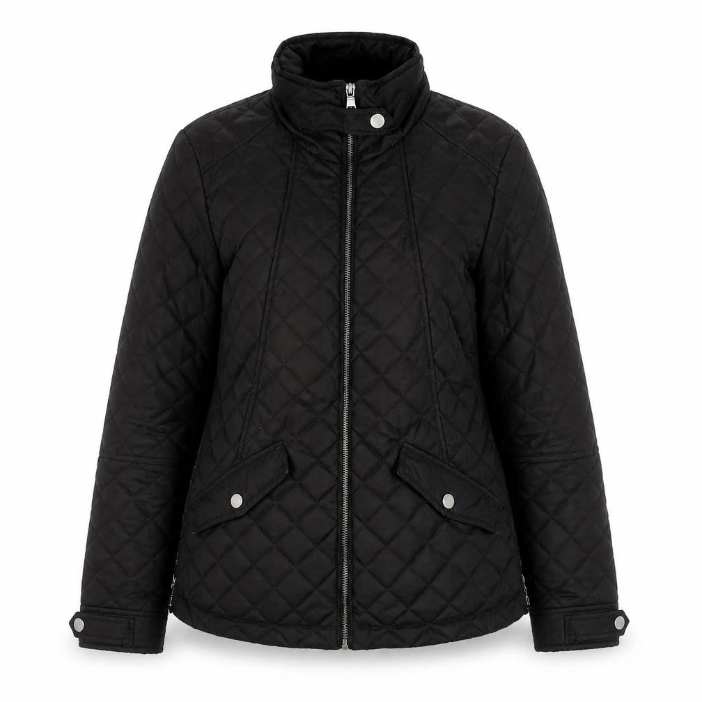 Front view of Next Women's Black Quilted Mid-Length Jacket, size 8, Shower Resistant