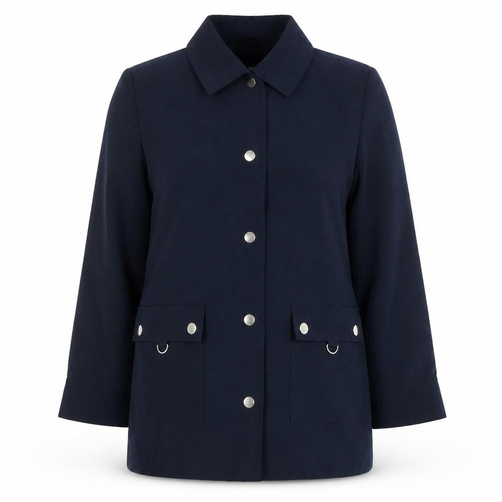 Front view of ISLE women’s blue mid-length button jacket, size UK 10