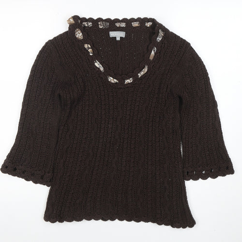 Marks and Spencer Per Una Women’s Brown Cable-Knit 3/4 Sleeve Scoop Neck Jumper M