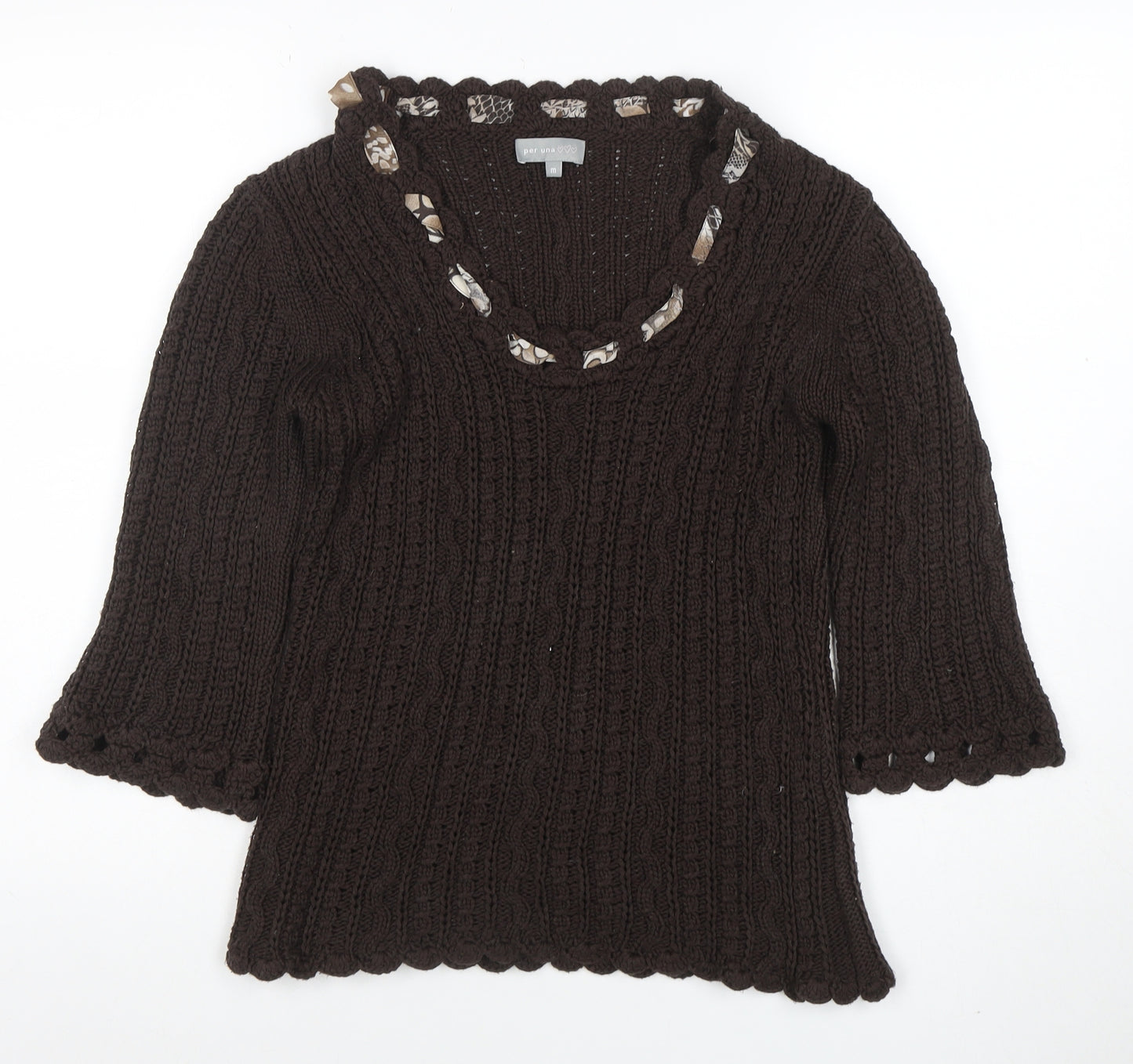 Marks and Spencer Per Una Women’s Brown Cable-Knit 3/4 Sleeve Scoop Neck Jumper M
