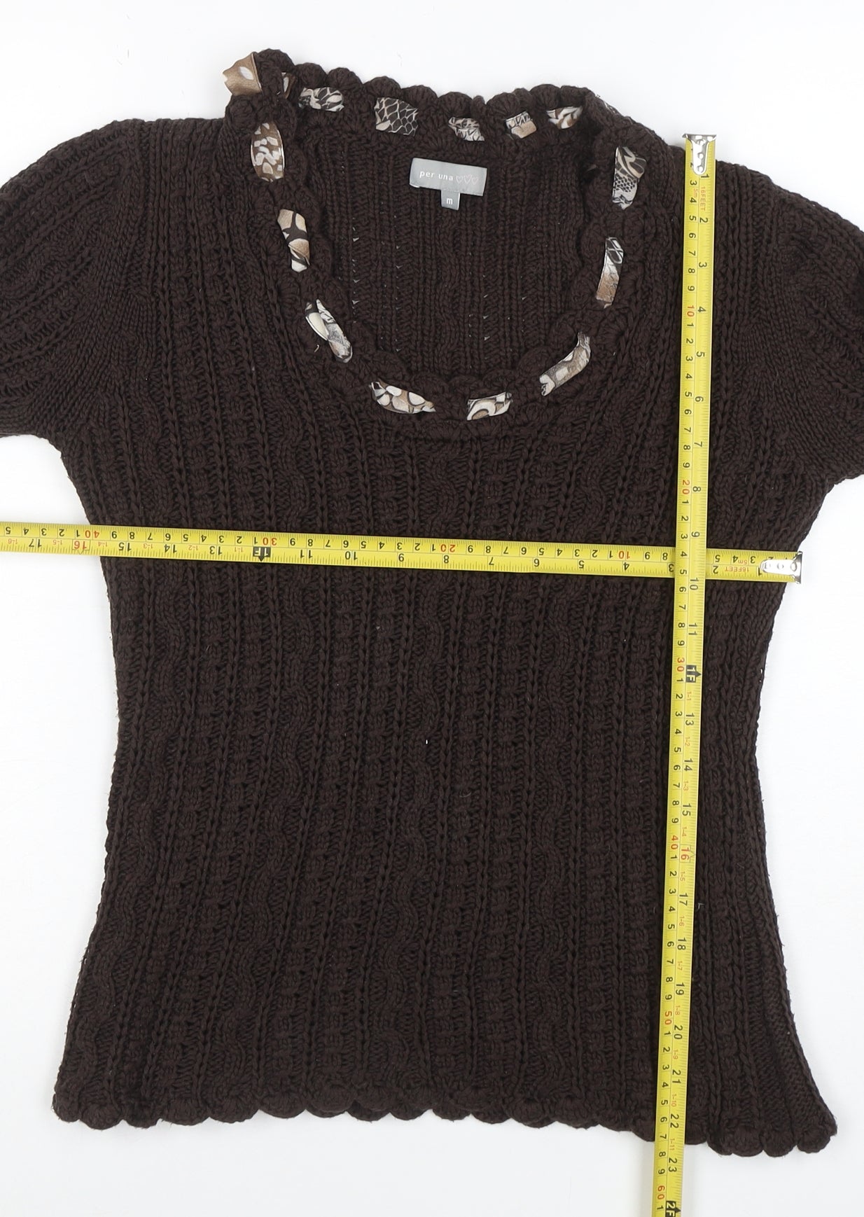 Marks and Spencer Per Una Women’s Brown Cable-Knit 3/4 Sleeve Scoop Neck Jumper M