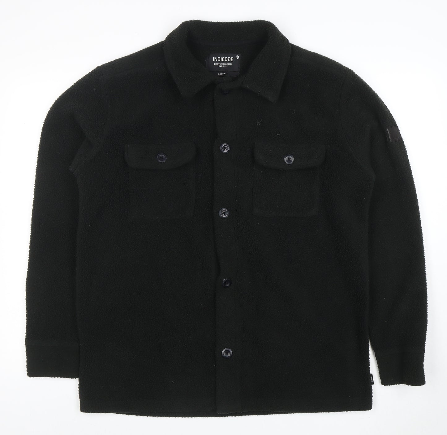 INDICODE Men’s Black Fleece Button Jacket L Collared Mid-Length