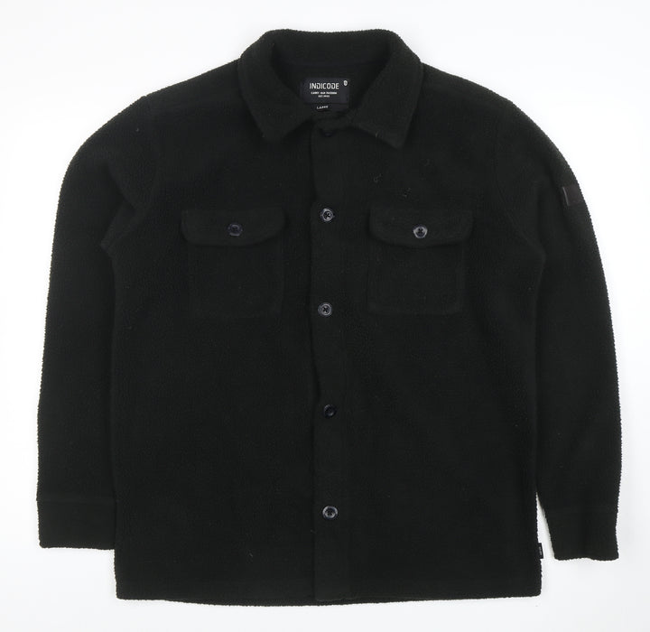 INDICODE Men’s Black Fleece Button Jacket L Collared Mid-Length