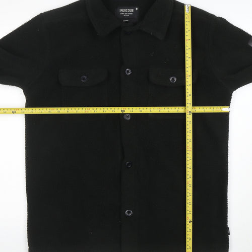 INDICODE Men’s Black Fleece Button Jacket L Collared Mid-Length
