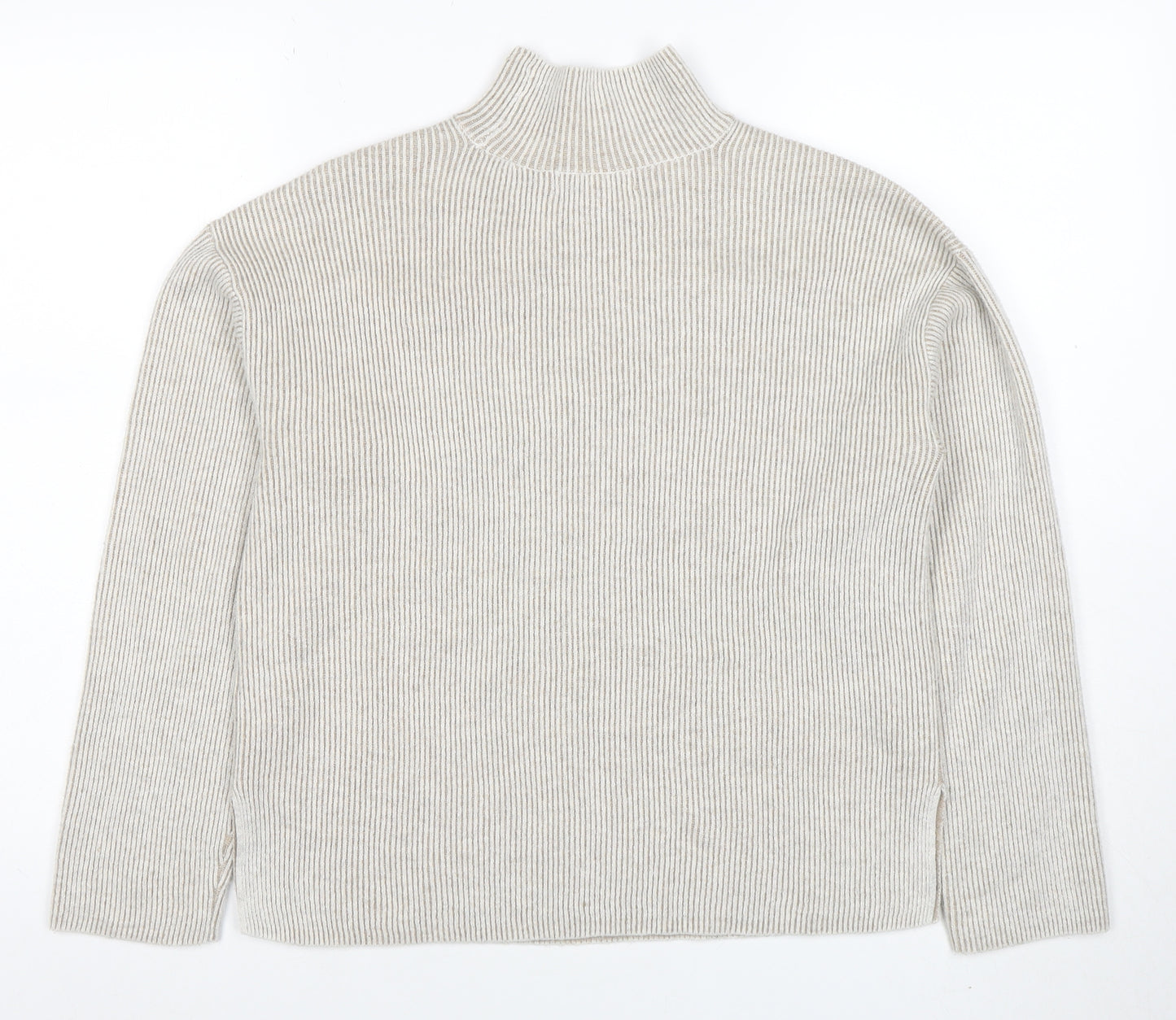 Marks and Spencer Women Beige Mock Neck Ribbed Knit Jumper XS