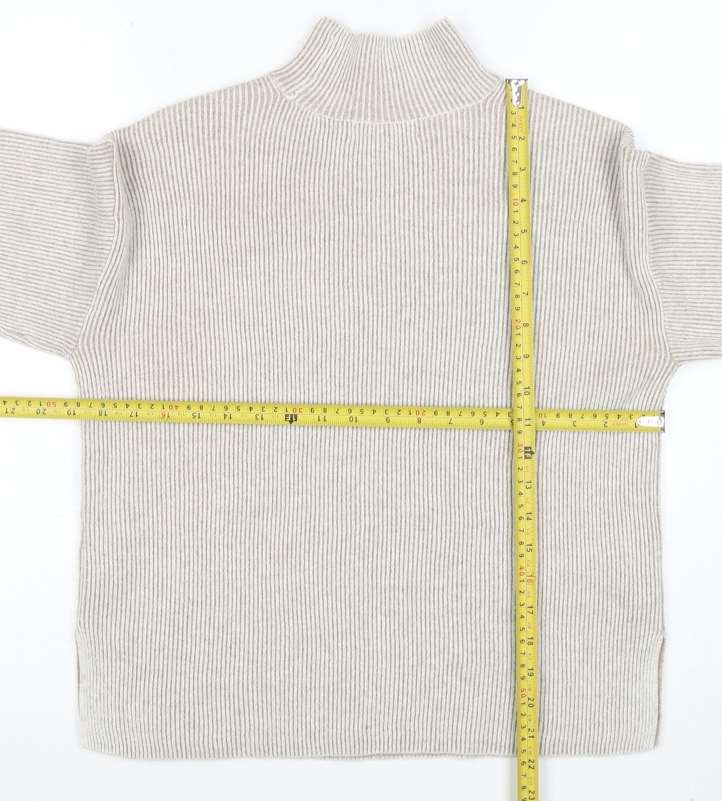 Marks and Spencer Women Beige Mock Neck Ribbed Knit Jumper XS
