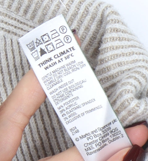 Marks and Spencer Women Beige Mock Neck Ribbed Knit Jumper XS