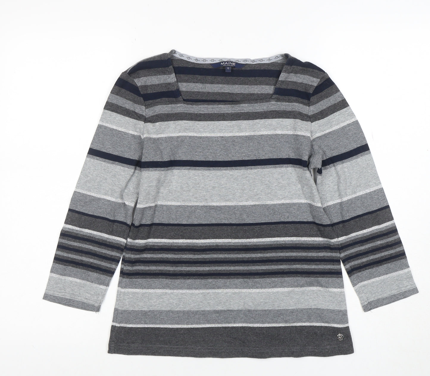 Maine New England Womens Grey Striped Long Sleeve Jersey Top Size 12