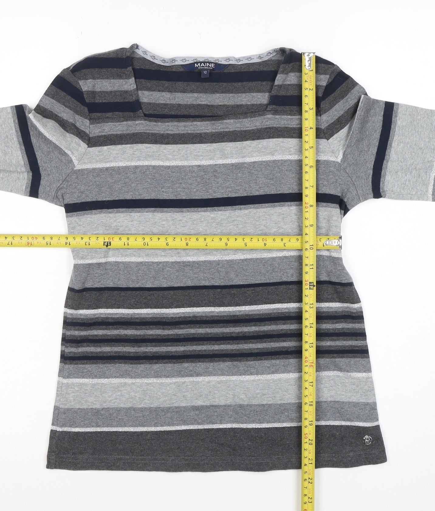 Maine New England Womens Grey Striped Long Sleeve Jersey Top Size 12