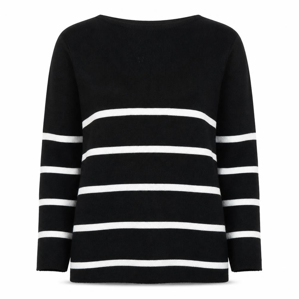 Front view of Nougat London Women's Black Striped Knit jumper, size L