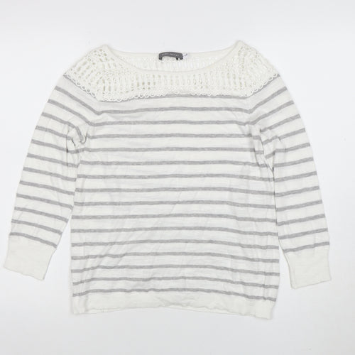Mint Velvet Women’s Grey Striped Crochet Knit Cotton Jumper Size 8