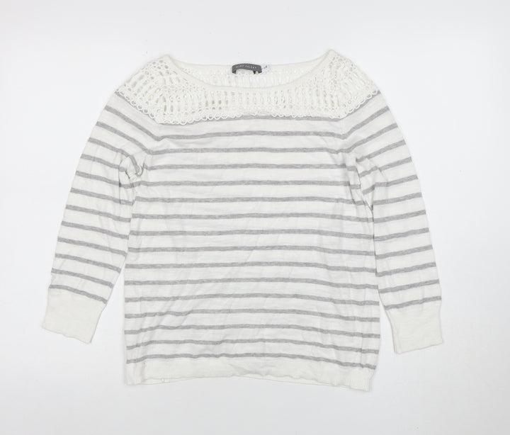 Mint Velvet Women’s Grey Striped Crochet Knit Cotton Jumper Size 8