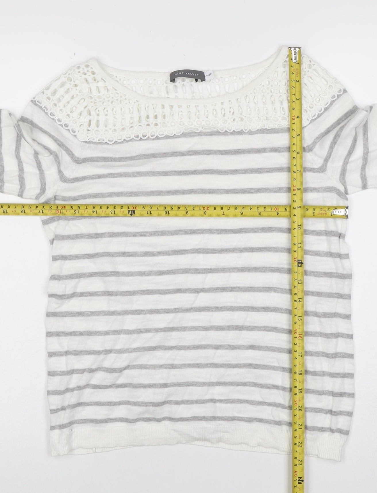 Mint Velvet Women’s Grey Striped Crochet Knit Cotton Jumper Size 8