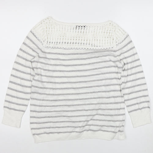 Mint Velvet Women’s Grey Striped Crochet Knit Cotton Jumper Size 8